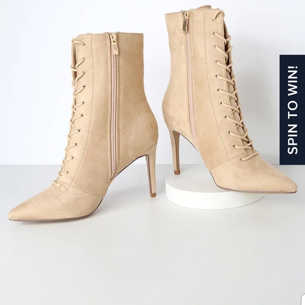 Daelyn Nude Suede Lace-Up Mid-Calf Booties